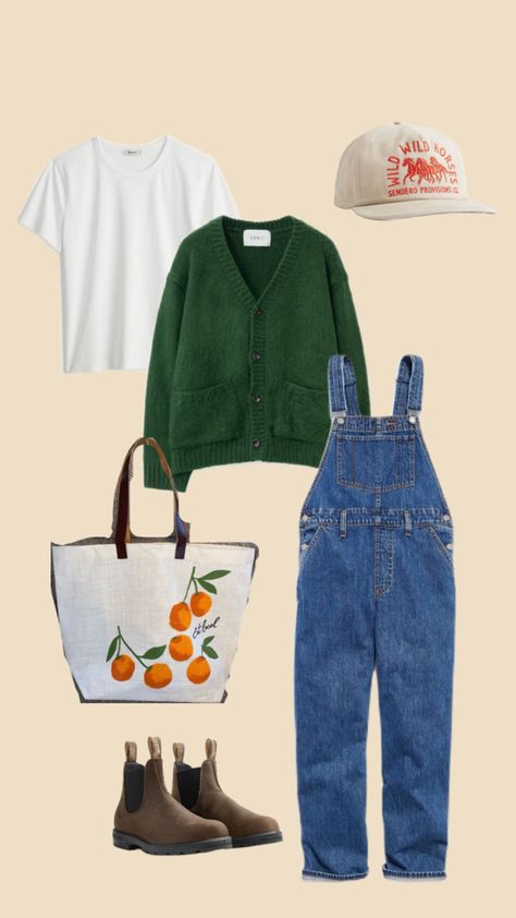 Fall outfits / overalls outfit / blundstones / green cardigan / green sweater / white tee / hat / sendero hat / tote bag / farmers market / Fall San Diego Outfits, Farmers Market Outfit Fall, Fall Outfits Overalls, Overall Outfit Fall, Fall Overalls Outfit, Fall Overall Outfits, Green Overalls Outfits, Outfits Overalls, Fall Overalls