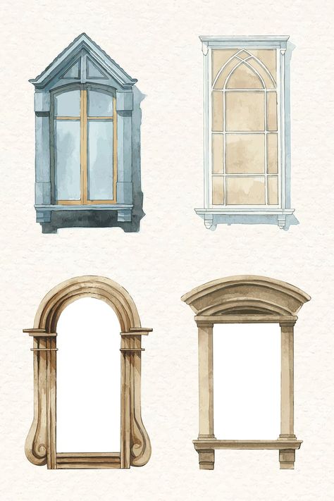 Vintage European window architecture vector set watercolor clipart | free image by rawpixel.com / Niwat Jendela Vintage, Window Watercolor, Architecture Vector, Architecture Watercolor, European Windows, Thumbnail Ideas, Window Architecture, Vintage Window, Free Illustration Images