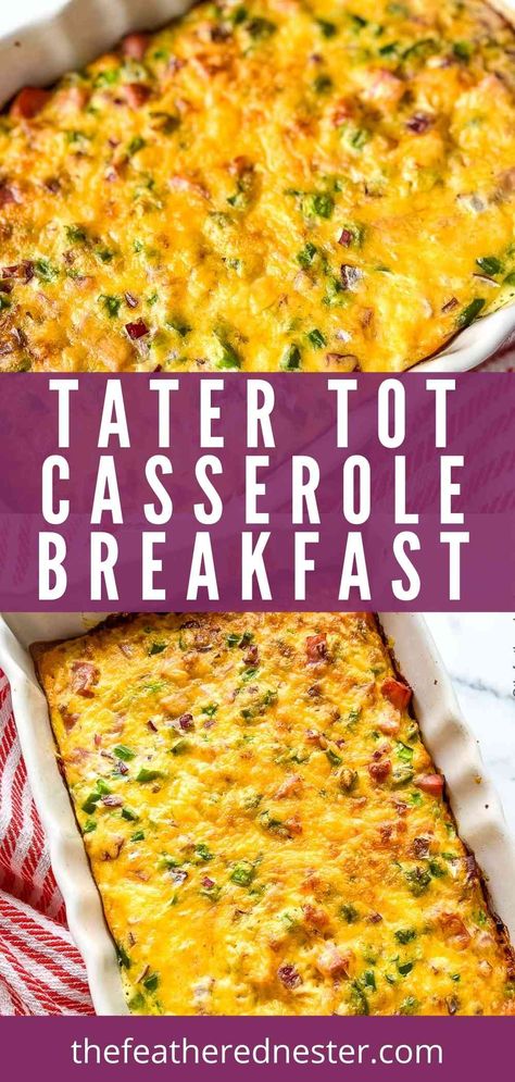 Indulge in the ultimate comfort food with this Ham and Tater Tot Casserole! It's like a fluffy egg omelette baked in a crispy potato crust. Tator Tot Breakfast, Ham And Egg Casserole, Egg And Cheese Casserole, Ham Breakfast Casserole, Easy Tater Tot Casserole, Tot Breakfast Casserole, Easy Tater Tots, Tater Tot Casserole Recipe, Tater Tot Breakfast Casserole