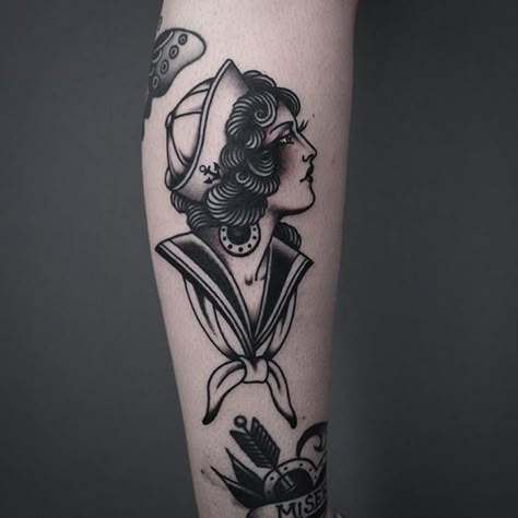 21inkedd | Sailor Girl Tattoo by Tony Nilsson #SailorGirl #traditional #classictattoos #TonyNilsson | Tattoodo Marine Tattoos, Traditional Sailor Tattoos, Navy Tattoos, Japanese Legs, Sailor Tattoos, Pin Up Girl Tattoo, Nurse Tattoo, Sailor Tattoo, Buddha Tattoos