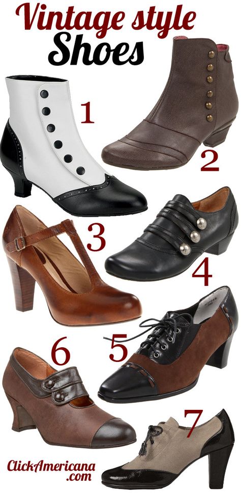 Vintage shoe styles for women The shoes featured above: 1. Bordello by Pleaser Women’s Flora Boot 2. Eric Michael Esme Boot 3. Frye Women’s Miranda T Strap 4. Portlandia Women’s Calistoga Ankle Boot 5. Ros Hommerson Women’s Opry Oxford 6. Re-Mix Vintage Women’s Savoy Mary-Jane Pump 7. A2 by Aerosoles Women’s Stroller Professional Shoes Like …. Diy Wedding Shoes, Style Année 20, Wedge Wedding Shoes, Vintage Style Shoes, Mode Shoes, Vintage Shoe, Professional Shoes, Look Retro, Latest Shoe Trends