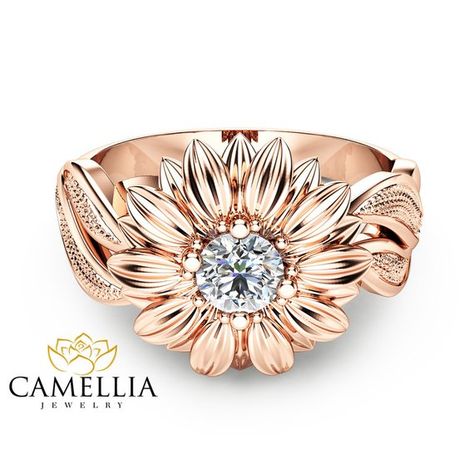 Natural Diamond Sunflower Engagement Ring 14K Rose Gold Sunflower Engagement Ring, Branch Engagement Ring, Sapphire Engagement Ring Set, Flower Engagement, Nature Inspired Engagement Ring, Gold Flower Ring, Sunflower Ring, Nature Inspired Rings, Flower Engagement Ring