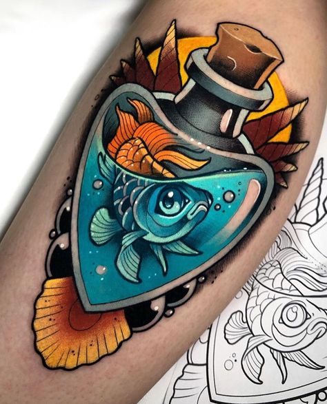 Neo Traditional Tattoos, Goldfish Tattoo, Neo Tattoo, Tatuagem Masculina Pequena, Bottle Tattoo, Traditional Tattoo Sleeve, Koi Tattoo, Traditional Tattoo Art, New School Tattoo