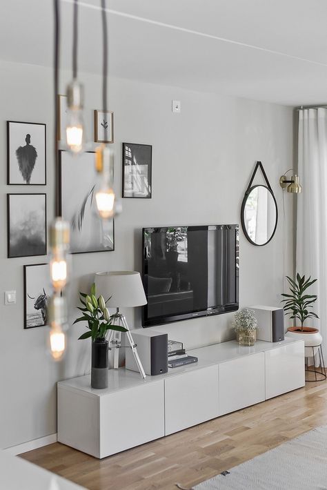 La Maison Jolie: 7 Smart Design Ideas To Hide Your TV! Scandinavian Design Living Room, Living Room Scandinavian, Scandinavian Living, Room Decorating, White Furniture, Chandelier In Living Room, Apartment Living Room, Small Living Rooms, Minimalist Living Room