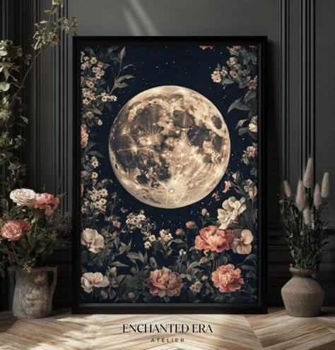 Elegant William Morris style print of the full moon with flowers. A homage to William Morris' distinct style mixed with the ethereal beauty of dark cottagecore art. THIS IS A PHYSICAL PRINT THAT WILL BE SHIPPED TO YOU. ------------------------------------------------------------------------ Printed on thick and long-lasting matte (uncoated) museum quality paper. - Paper weight: 200 gsm / 80 lb *THE FRAMES ARE NOT INCLUDED.* If you have any questions feel free to contact me, I will be happy to he Single Woman Bedroom Art, Dark Fairytale Decor, Apartment Esthetics, Cottagecore House Decor, Moon Room Decor, Apartment Dark, Dark Cottagecore Art, Moon With Flowers, Whimsigoth Decor