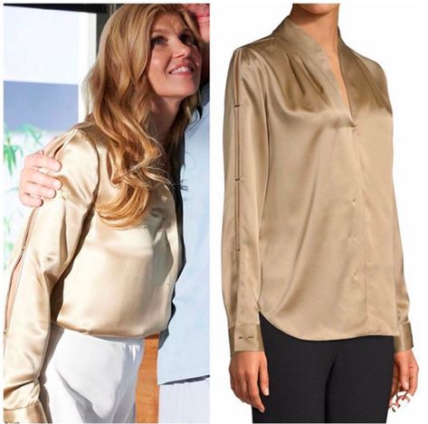 Debra Newell's Gold Split Sleeve Blouse https://www.bigblondehair.com/debra-newells-gold-split-sleeve-blouse/ Gold Blouse Outfit, Semi-stitched Silk Blouse In Gold, Gold Dust Woman Shirt, Gold Semi-stitched Silk Blouse, Fitted Gold Button-up Blouse, Affordable Gold Button-up Blouse, Connie Britton, Open Sleeves, V Neck Shirt