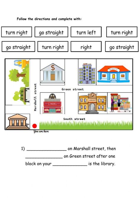 Giving Directions Worksheet, Directions Worksheet, Ell Resources, Turn Left Turn Right, English Pronunciation Learning, The Worksheet, First Day Of School Activities, 2nd Grade Worksheets, Plural Nouns