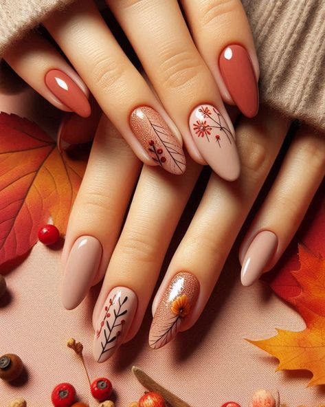 Autumn Nails Leaves, Fall Nails Leaves, Fall Nail Art Ideas, Thanksgiving Nail Art, Latest Nail Designs, Fall Nail Trends, Fall Nail Art Designs, Thanksgiving Nails, Fall Nail Art