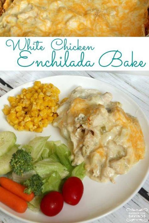 White Chicken Enchilada Bake Recipe Enchiladas Bake, Chicken Enchilada Bake, Enchilada Bake, White Chicken Enchiladas, Easy Chicken Dinner Recipes, Favorite Recipes Dinner, Chicken Enchilada, Freezer Meal, White Chicken