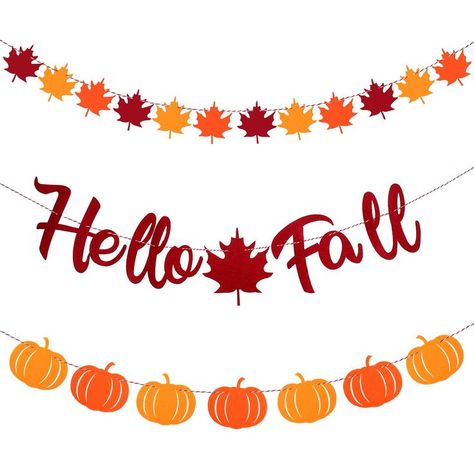 3 Pieces Hello Fall Banners Thanksgiving Fall Decoration Autumn Pumpkins Maple Leaves Garlands Mantel Bunting Harvest Banners for Fireplace Outdoors Indoors Party Hanging Celebrations Decorations Office Fall Decorations Ideas, Fireplace Outdoors, September Decor, Decorating Mantels, Fall Cutouts, Autumn Pumpkins, Pumpkin Designs, Festival Inspo, Fall Banner