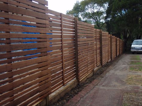 MERBAU HORIZONTAL SLAT FRIENDLY NEIGHBOUR FENCE - RKG Fencing, Fencing Construction, Manly, NSW, 2095 - TrueLocal Horizontal Fences, Fence Horizontal, Fence House, Slat Fence, Slatted Fence, Horizontal Slat Fence, Manly Sydney, Fireplace Area, Deck Wall