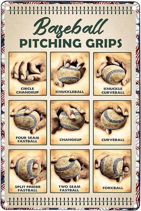 Amazon.com: Baseball Pitching Grips Retro Metal Sign Tin Sign Retro Art Print Poster Decoration Bar Cafe Club Wall Plaque 12x16 Inches: Posters & Prints Teen Baseball Room, Wiffle Ball Strike Zone, Baseball Theme Room, Meaningful Tattoos For Men, Baseball Room Decor, Baseball Wall Art, Baseball Drills, Wiffle Ball, Baseball Wall