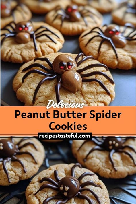 Peanut Butter Spider Cookies are a fun and spooky treat perfect for Halloween. These cookies feature a creamy peanut butter base topped with Whoppers to create a spider shape, with chocolate legs and candy eyes adding the finishing touch. Spider Cookies Halloween, Peanut Butter Spider Cookies, Peanut Butter Blossom, Peanut Blossoms, Halloween Cookie Recipes, Candy Eyes, Spider Cookies, Candy Eyeballs, Chewy Peanut Butter Cookies