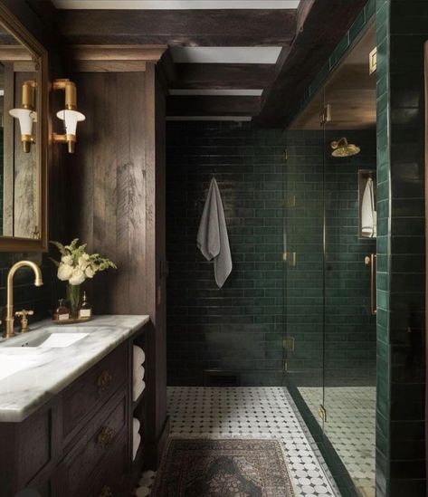 Dark Green Tile Bathroom Ideas, Dark Green Tile Shower Bathroom, Benjamin Moore Salamander Bathroom, Dark Green Tile Shower Ideas, Dark Green Subway Tile Bathroom, Green Bathroom Brown Cabinets, Dark Green And Black Bathroom, Emerald Subway Tile Bathroom, Dark Green Bathroom Tiles Master Bath