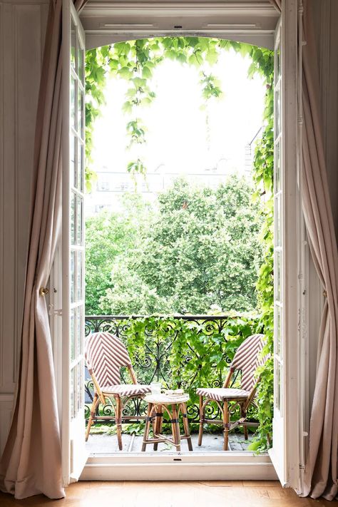 French Balcony Ideas, Parisian Balcony, Paris Balcony, Balcony Curtains, French Balcony, Bistro Furniture, Apartment Tour, Bedroom Balcony, Small Apartment Decorating