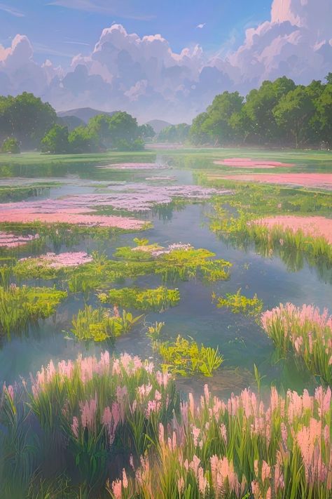 Paintings Scenery, Pink And Green Art, Calming Artwork, Beautiful Paintings Of Nature, Calming Nature, Pink Lilies, Pink Artwork, Scenery Art, Pink Nature