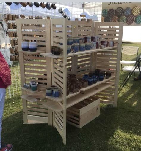 Diy Boutique Display Ideas, Vendor Cash Stand, Wooden Crate Vendor Display, Sidewalk Sale Display, Vertical Craft Show Display, Vendor Booth Display Ideas Diy Shelves, Collapsible Vendor Display, Collapsible Market Display, Suitcase Display Ideas Craft Fairs