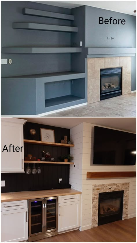 Updated Fireplace With Built Ins, Bar With Fireplace Ideas, Fireplace Dry Bar, Bar And Fireplace Ideas, Bar Area Next To Fireplace, Basement Built Ins With Mini Fridge, Coffee Bar Next To Fireplace, Bar Fireplace Ideas, Wet Bar Beside Fireplace