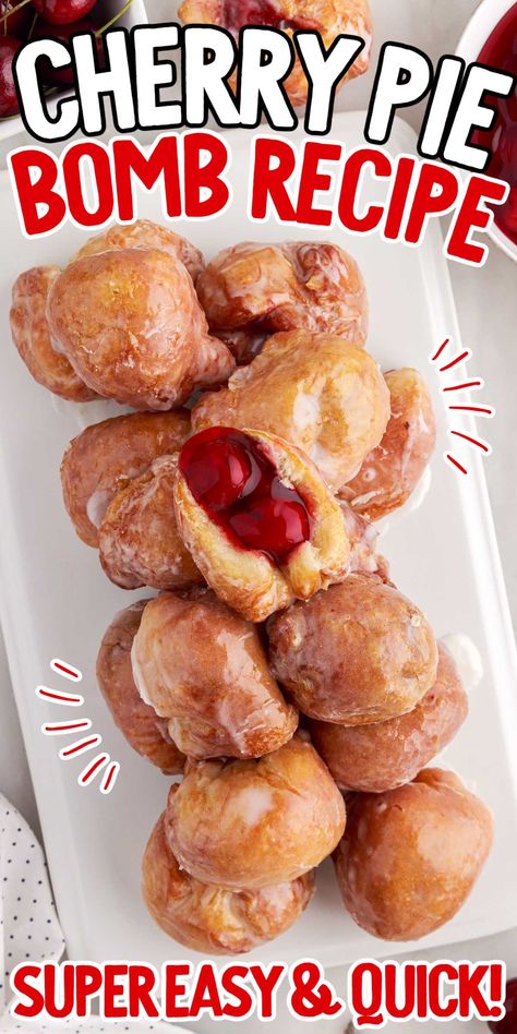 Cherry pie bombs are irresistible bite-sized pastries filled with sweet cherry pie filling, fried until golden, and glazed to perfection, making them a delightful dessert option for any occasion. Sweet Cherry Pie Filling, Cherry Filling Recipes, Cherry Pie Filling Recipes, Perfect Snacks, Sweet Cherry Pie, Pie Filling Recipes, Cherry Filling, Biscuit Dough, Cherry Desserts