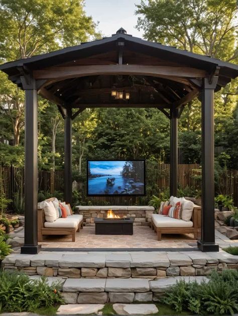 28 Modern Gazebo Ideas for a Stylish Backyard Retreat - Peak Patio Life Rectangle Gazebo Ideas Backyard, Home Made Gazebo Ideas, Screened Gazebo Ideas Backyard Outdoor, Gazebo Garden Ideas, Screen Gazebo Ideas Backyard, Costco Gazebo Ideas Backyard, Modern Gazebo Ideas, Pavillion Backyard, Costco Gazebo