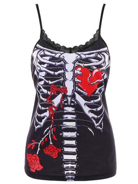 Caged Heart, Women Camisole, Top Straps, Scene Outfits, Black Cami, Gothic Clothes, Lace Print, Black Camis, Goth Outfits