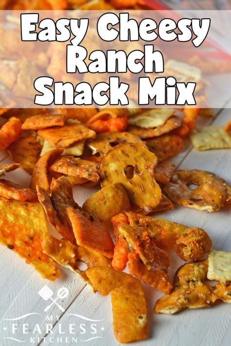 Easy Cheesy Ranch Snack Mix from My Fearless Kitchen. Snack mixes are so much fun to make - and to eat! Where else can you grab a little bit of all your favorite things, mix them together, and call it a recipe? This Easy Cheesy Ranch Snack Mix is exactly what it sounds like, and your whole family will love it! #recipes #snackmix #cheese #ranch #crackers Snacks Mix Recipes, Cheesy Chex Mix, Cheesy Snack Mix, Cheesy Ranch Chex Mix, Ranch Chex Mix Recipes, Ranch Chex Mix, Ranch Crackers, Beer Snacks, Cheesy Ranch