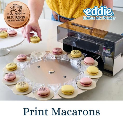 Print Graphics Onto Cookies & Confections | macaron, cookie, marshmallow, printer | Print photos, logos, and graphics directly onto cookies & more with Eddie®, the Edible Ink Printer ($2,995 USD). Print on unique shapes and sizes. Also... | By Primera Technology, Inc. | Facebook Cookie Marshmallow, Edible Ink Printer, Cupcake Decorations, Baking Decorating, Print Photos, Edible Ink, Edible Images, Unique Shapes, Photo Printer