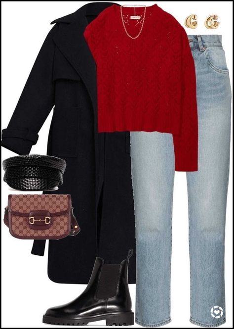 Classic Fashion Looks, Red Sweater Outfit, Black Coat Outfit, Mom Jeans Outfit Winter, Looks Jeans, Jeans Outfit Winter, Baker Boy Hat, Sweater Dress Outfit, Winter Fashion Outfits Casual