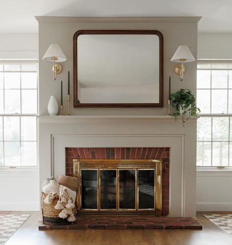 Progress carousel for your Monday morning procrastination. 🔥 @brookedelrossiphoto . . . . . . . #fireplacemakeover #fireplacedecor #fireplacedesign #fireplaceideas #fireplacesurround #fireplacegoals #interiordesign #caryinteriordesign #raleighinteriordesign #raleighinteriordesigner #caryinteriordesigner #rejuvenation @rejuvenation Fireplace In Small Room, Brick Gas Fireplace Ideas, Brick Fireplace White Mantle, Traditional Fireplace Design, Wall Above Fireplace Ideas, Tv Above Brick Fireplace, Red Brick Fireplace Ideas, Sides Of Fireplace Ideas, Fireplace In Between Two Windows