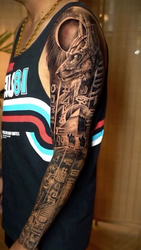 #tattoo #tattoos #tattooart #tattoodesign #tattoodesign #tattoogirl  #tattoosleeve #tattooflower Egypt Tattoo Design, Tiger Tattoo Sleeve, Painless Tattoo, Wrist Tattoo Ideas, Egyptian Tattoo Sleeve, Anubis Tattoo, Egypt Tattoo, Men Tattoos Arm Sleeve, God Tattoos