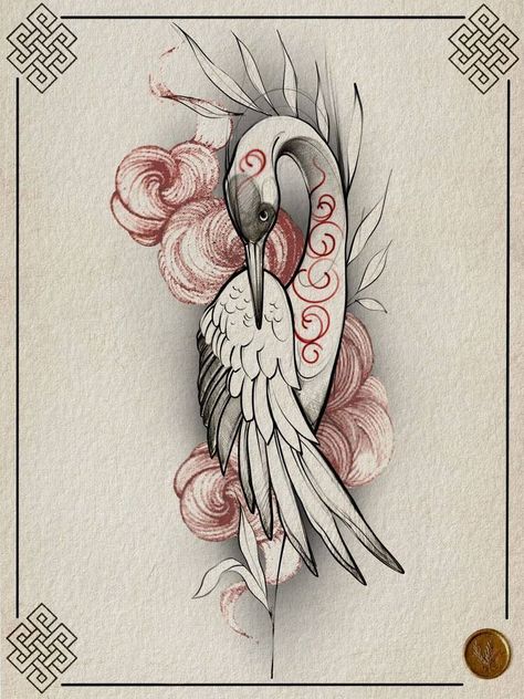 Small Creature Tattoo, Asian Animal Tattoo, Wifi Tattoo, Jian Bird, Heron Tattoo Traditional, Crane Bird Drawing, Japanese Fan Drawing, Heron Illustration, Tattoo Japonais