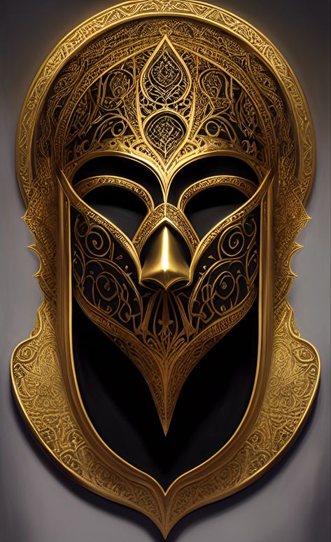 Gold Mask Fantasy Art, Stage Decoration, Gold Mask, Gold Face, Samurai Art, Masks Art, Stage Decorations, Swords, Mood Pics