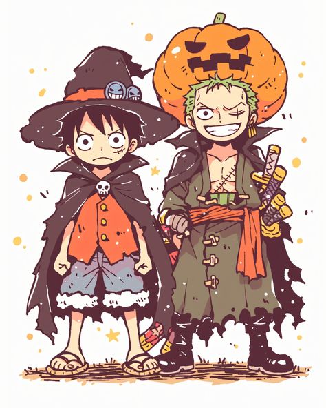 Ready for Halloween adventures! 🎃🧙‍♂️ Luffy and Zoro bringing the spooky vibes with a pirate twist. 🍬⚔️ #HalloweenFun #AnimeArt #KawaiiStyle #OnePiece #LuffyAndZoro #PirateVibes #HalloweenCostume #InstaArt #SpookySeason #AnimeHalloween #Luffy #CuteAndSpooky #OnePieceFans #TrickOrTreat #Zoro #Halloween One Piece Fall Wallpaper, Halloween One Piece Wallpaper, One Piece Halloween Wallpaper, Halloween Luffy, One Piece Halloween Fanart, Luffy In Different Art Styles, Halloween One Piece, One Piece Halloween, Luffy And Zoro