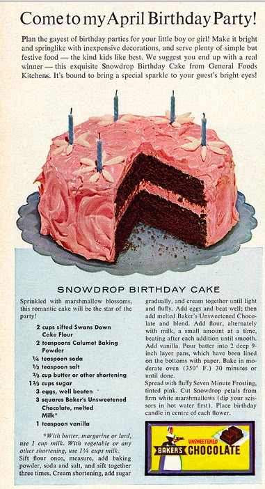 Snowdrop Birthday Cake Birthday Photobooth Ideas, 1940s Birthday Cake, 1940s Cake Recipes, 1950 Cake Recipes, Vintage Cake Icing, Vintage Cake Recipes, 1950s Cake, Vintage Cake Advertisement, Hershey Cake