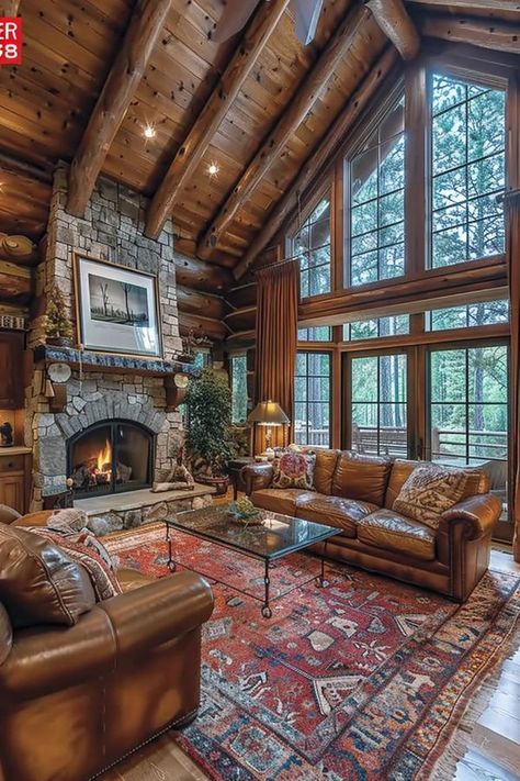 Attractive Log Cabins Real Log Cabin Interior, Modern Log Cabin Living Room, Winter Mansion, Log Cabin Mansions, Modern Log House, Log Cabin Living Room, Modern Log Cabin, Modern Log Cabins, Log Cabin Living