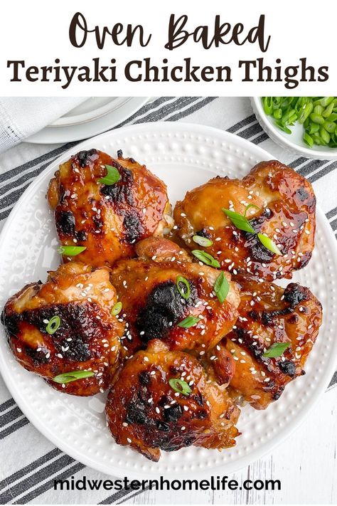 Oven Baked Teriyaki Chicken Thighs (boneless or bone-in) are tender and juicy in a sweet and savory teriyaki marinade and sauce that bakes to sticky perfection in about 30 minutes. Easy dinner recipe the whole family will love. Chicken Thighs In Dutch Oven, Teriyaki Chicken Thighs Boneless, Baked Teriyaki Chicken Thighs, Chicken Thigh Teriyaki, Teriyaki Chicken Thighs, Chicken Thighs In Oven, Baked Teriyaki Chicken, French Dinner, Marinated Chicken Thighs