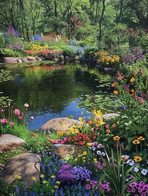 Spring Pond Aesthetic, Pretty Pond Aesthetic, Cottagecore Pond, Fairy Garden Pond, Theme Nature, Pretty Nature, Shotting Photo, Pretty Landscapes, Painting Inspo