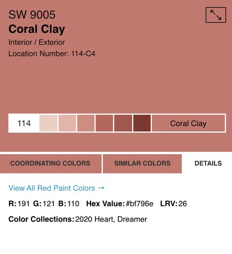 Rose Pink, Orange/Pink, Paint Swatch "Coral Clay" Coral Clay Sherwin Williams, Pure White Sherwin Williams, Coral Clay, Sherwin Williams Exterior, Zyla Colors, Red Paint Colors, Hex Color Codes, Paint Colours, Decorating Inspiration