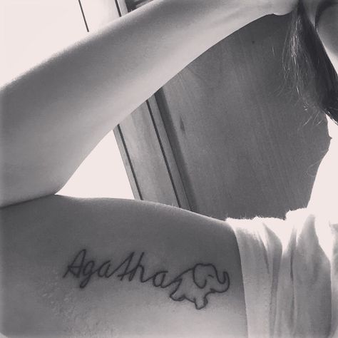 Elephant tattoo with baby girls name. Love my mommy tattoo. Elephant With Name Tattoo, Elephant Name Tattoo, Name Tattoos For Moms, Baby Name Tattoos, Dandelion Tattoo, Mommy Tattoos, Elephant Tattoo, Elephant Tattoos