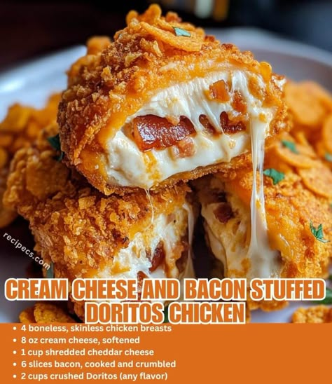 Cream Cheese and Bacon Stuffed Doritos Chicken is an easy and quick healthy All Recipes keto dinner ideas recipes that you can cook if you like . In Tasty Cream Cheese Recipes Dinner, Cheese Recipes Dinner, Doritos Chicken, Chicken Delight, Dorito Chicken, Crunchy Chicken, Fast Dinner, Fast Dinner Recipes, Cream Cheese Chicken