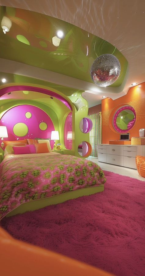 Bright Tertiaries, Colorful House Exterior, Barbies Dreamhouse, Funky Rooms, Diner Room, 2000s Room, 70s Room, House Exterior Ideas, 90s Bedroom