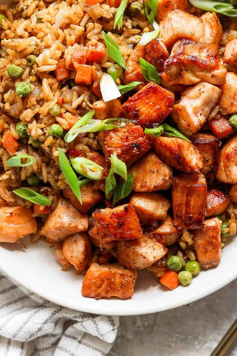 Salmon Fried Rice - The Wooden Skillet Fried Rice With Salmon, Canned Salmon Fried Rice, Fried Rice Sauce, Salmon With Cauliflower Rice, Teriyaki Salmon Fried Rice, Salmon Rice Vinegar, Rice Sauce, Salmon Fried, Salmon Fried Rice