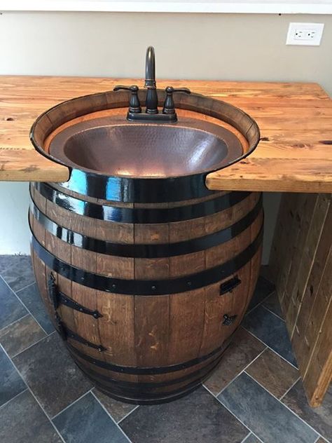 Wine Barrel Sink Bathroom, Barrel Sink Bathroom, Diy Whiskey Barrel, Wine Barrel Sink, Whiskey Barrel Sink, Rustic Basement Bar, Barrel Sink, Diy Seating, Wine Barrel Furniture