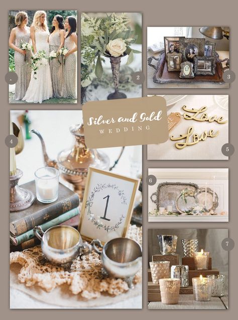 Mix and match pieces for a cohesive but unique vintage silver and gold wedding! Silver Gold Wedding Theme, Gold And Silver Wedding Theme, Mixed Metals Wedding Decor, Silver And Gold Wedding Decorations, Mixed Metal Wedding Decor, Gold And Silver Wedding Decor, Silver And Gold Decorations, Metallic Wedding Theme, Silver And Gold Wedding