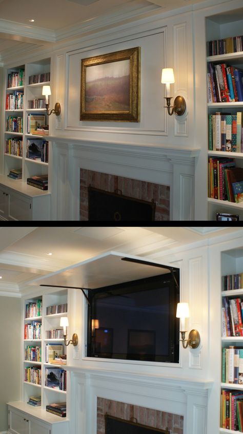 Tv Cabinet Over Fireplace Hide Tv, Covered Tv Over Fireplace, Hidden Tv Over Fireplace Ideas, Hidden Tv Over Mantle, Tv In Bookcase Beside Fireplace, Hidden Tv In Bookcase, Built In Fireplace Mantle, Lighting Over Fireplace Mantles, Built In To Hide Tv