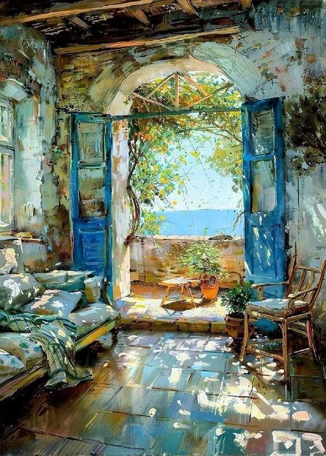 Francisco Ribeiro Pejzazi Slike, Blue Doors, Cottage Art, Doors And Windows, Arte Inspo, Nature Art Painting, A Level Art, Flower Art Painting, Ethereal Art