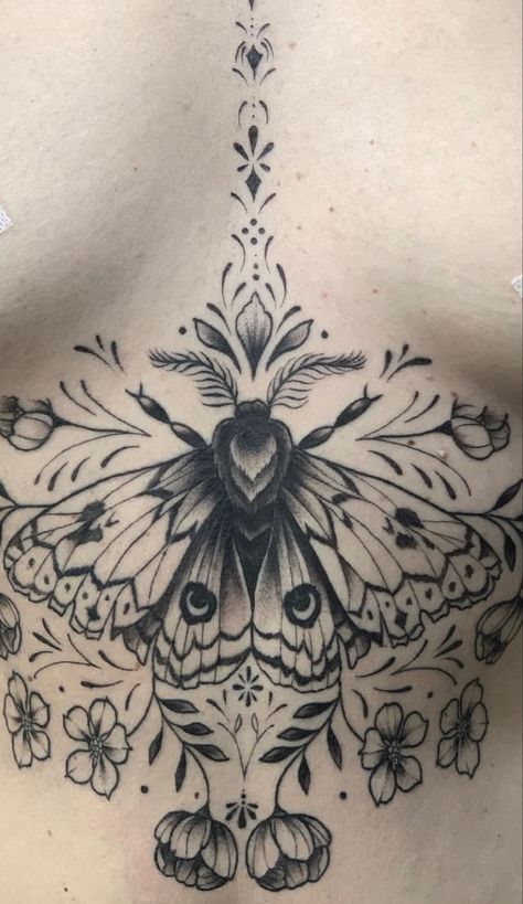 Best Chest Tattoos For Women, Moth Tattoo Chest Woman, Moth Tattoo Stomach, Moth Stomach Tattoos Women, Knee Fold Tattoo, Sternum Moth Tattoo Women, Chest Sternum Tattoo Female, Moth Tattoo Ribs, Moth Hip Tattoo