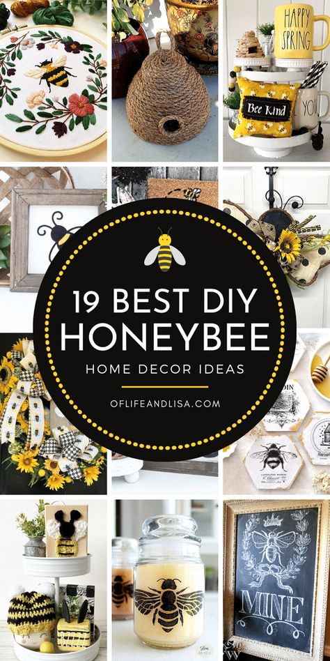 19 BEST Honey Bee Decor Ideas and Inspiration | Of Life and Lisa Honey Bee Gnomes Diy, Bee Kitchen Theme Ideas, Bee Wreath Ideas, How To Make A Bee Hive Craft, Diy Bee Decorations, Honey Bee Kitchen Decor, Bee Themed Crafts, Farmhouse Bee Decor, Bumblebee Crafts