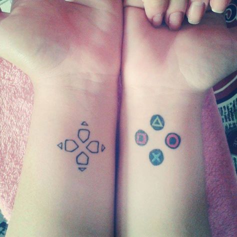 #Gamer Tatoo Couples Lego Tattoo, Video Game Sibling Tattoos, Small Game Tattoos, Video Game Controller Tattoo, Video Game Couple Tattoos, Gamer Matching Tattoos, Matching Gaming Tattoos, Matching Gamer Tattoos, Matching Video Game Tattoos