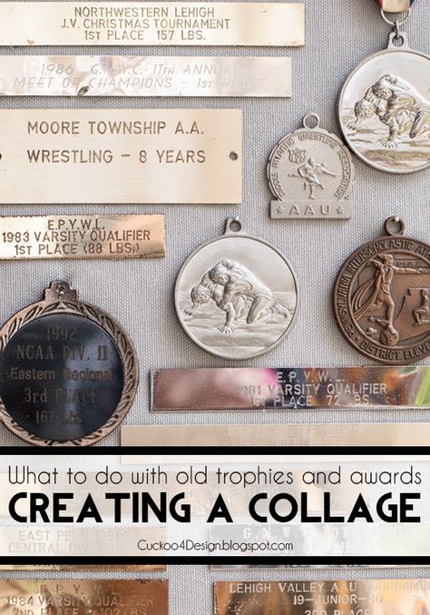 What to do with old trophies and awards? How about creating a collage? Organizing Keepsakes, Award Shelves, Trophy Ideas, Old Trophies, Marathon Medal, Trophy Display, Trophy Plaques, Sports Trophies, Award Display